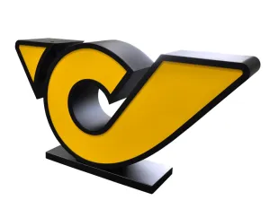 Gelbes Posthorn-Pult, von recht seitlich fotografiert