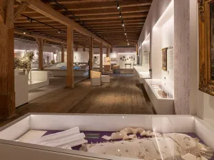 Ausstellungsraum: Saal mit Holzbalkendach, Vitrine mit historischem Stoff im Vordergrund, Exponate wie ein Pferdemodell und weitere Artefakte