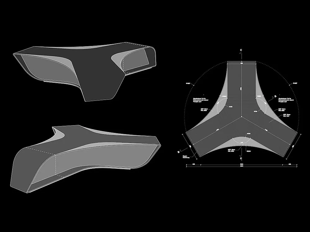Technische Zeichnungen eines modernen, geschwungenen Pulttischs mit mehreren Perspektiven und detaillierten Maßangaben