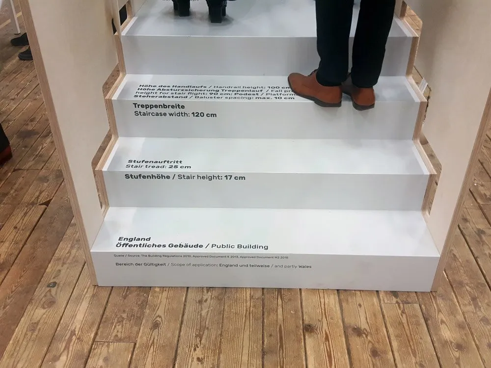 Person auf weißer Treppe mit Beschriftungen: Handlauf 100 cm, Breite 120 cm, Auftritt 25 cm, Höhe 17 cm