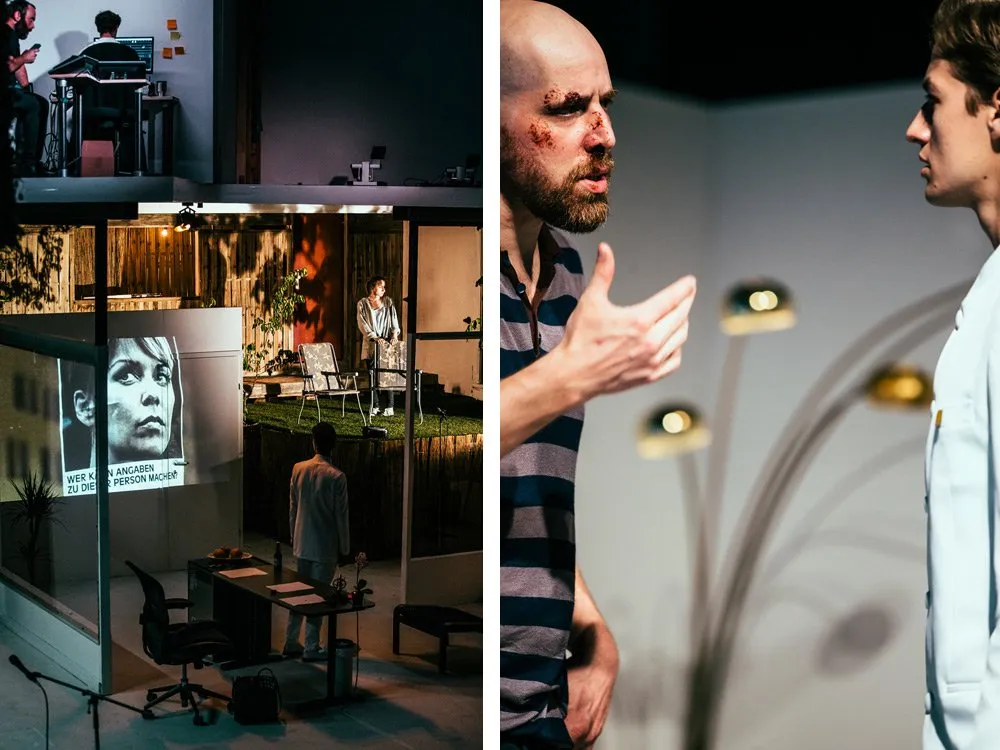 Zweiteiliges Bild: Links: Schauspieler in Weiß vor einer Projektion mit "Wer kann Angaben zu die Person machen?"; Rechts: Mann mit blutigem Gesicht in Streifen gestikuliert einem Schauspieler in Weiß gegenüber