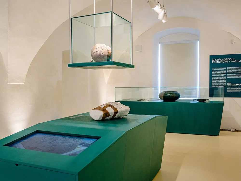 Ausstellung mit hängender Glasvitrine mit Fossil, grüne Vitrinen mit Artefakten und Infopanel. Moderne Beleuchtung, interaktiver Touchscreen.