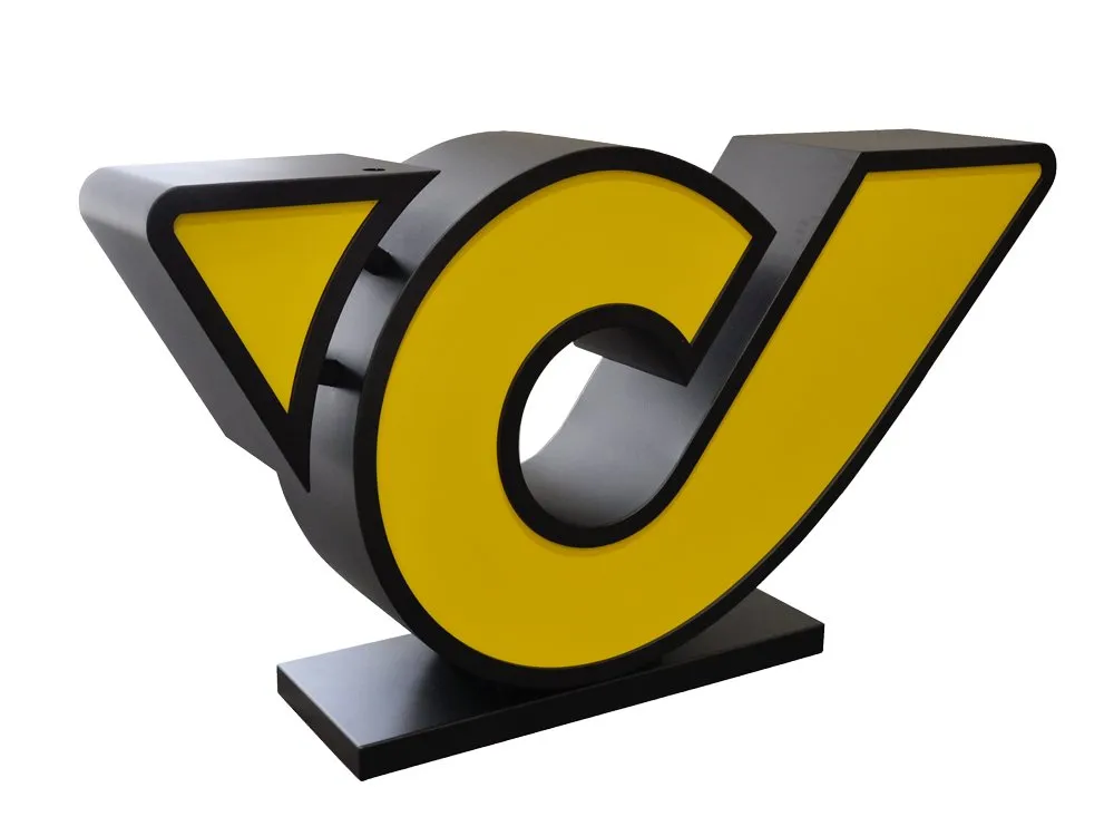 Gelbes Posthorn-Pult, von links seitlich fotografiert