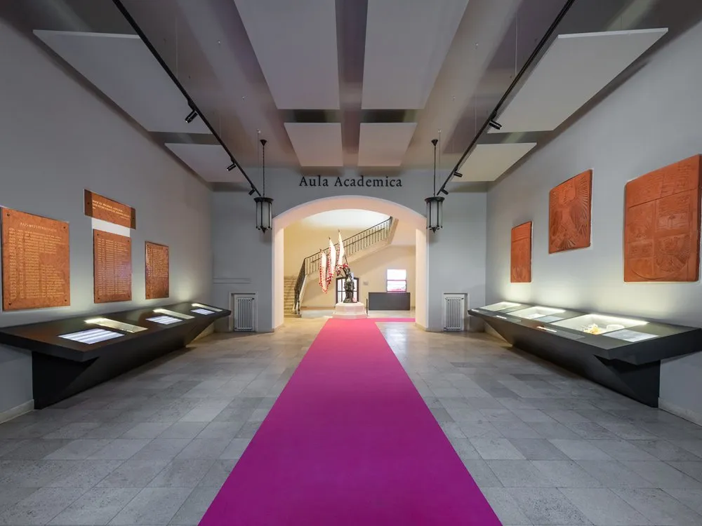 Ausstellungsraum: Langer Raum mit gefliestem Boden, violettem Teppich und der Aufschrift "Aula Academica", gesäumt von Vitrinen und Wandtafeln