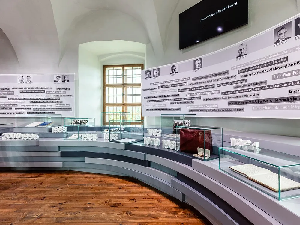 Moderner Ausstellungsraum mit gekrümmten Vitrinen mit Exponaten aus verschiedenen Jahrzehnten und Informationswänden mit Porträts und Texten