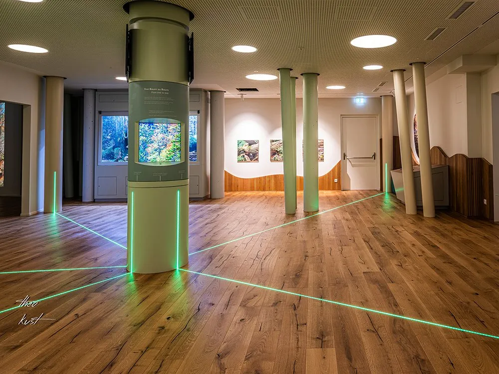 Ausstellungsraum: Moderner Raum mit Holzboden, weißen Säulen und runder Beleuchtung. Interaktiver Bildschirm zeigt Naturlandschaft, im Hintergrund Ausstellungsstücke und Holzverkleidung. Grüne Laserlinien auf dem Boden.