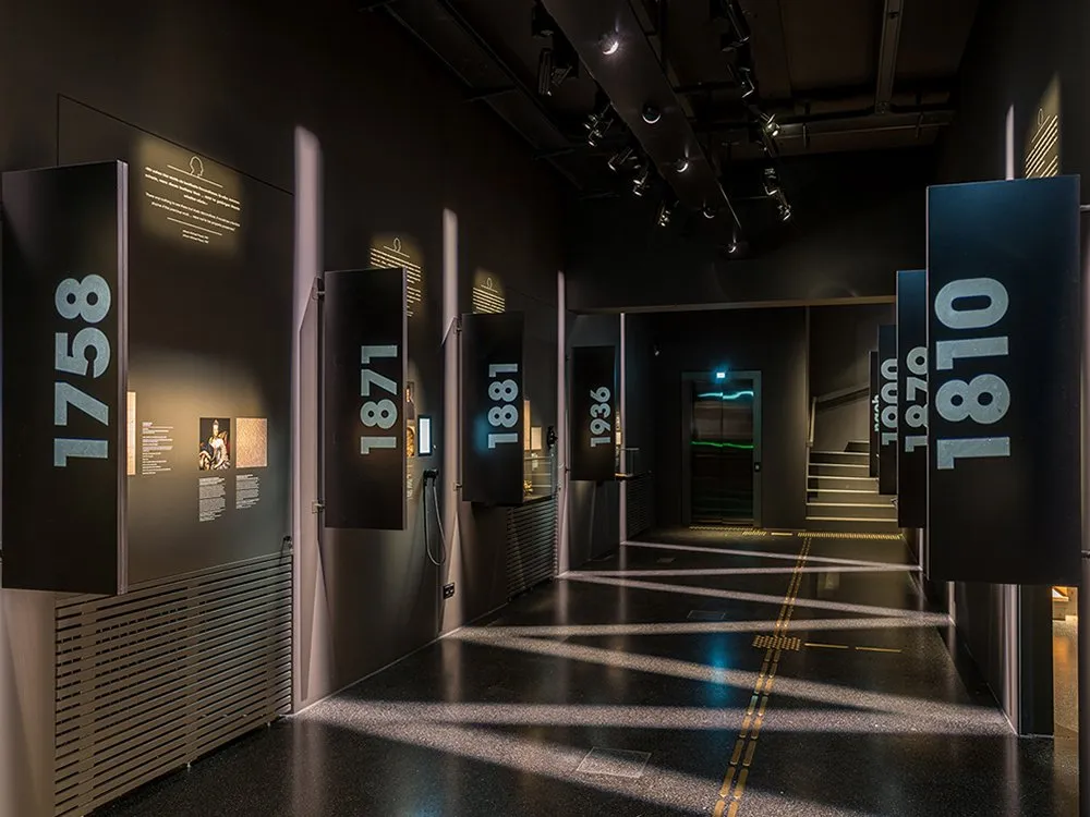 Ausstellungsraum mit schwarzen Panels mit Jahreszahlen und Bildern