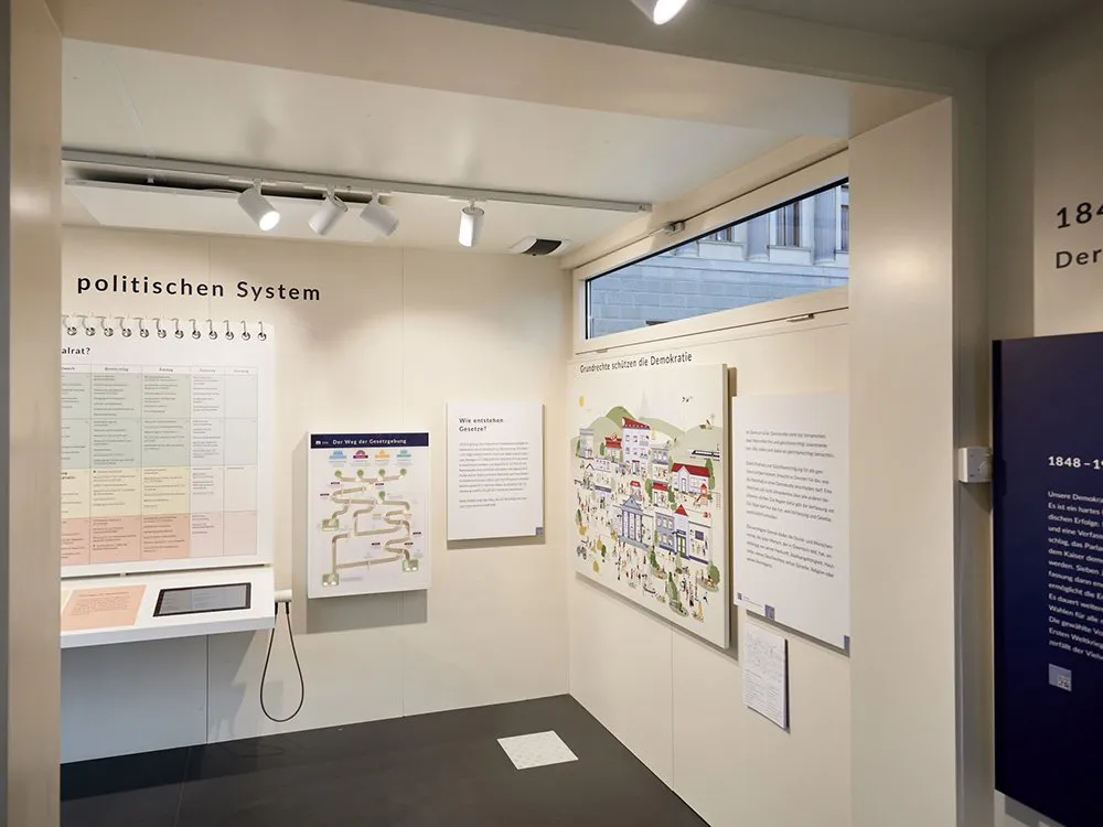 Ausstellung mit Texttafeln, einem Stadtplan und einem Touchscreen.