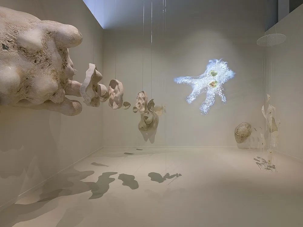 Amöbenskulptur mit organischen Formen hängt im Raum, verbunden mit transparenten Fragmenten und einer projizierten Mikroorganismen-Darstellung an der Wand.