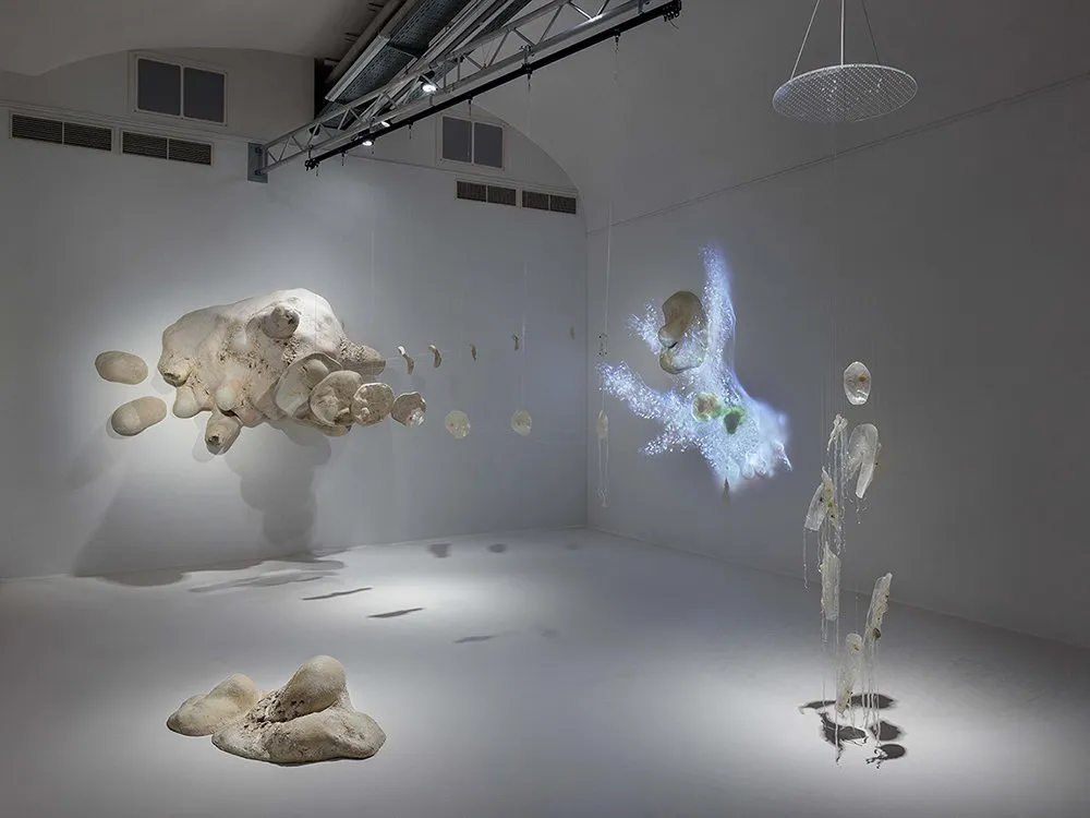 Amöbenskulptur mit organischen Formen hängt im Raum, ergänzt durch transparente Elemente und eine projizierte Mikroorganismen-Darstellung an der Wand.