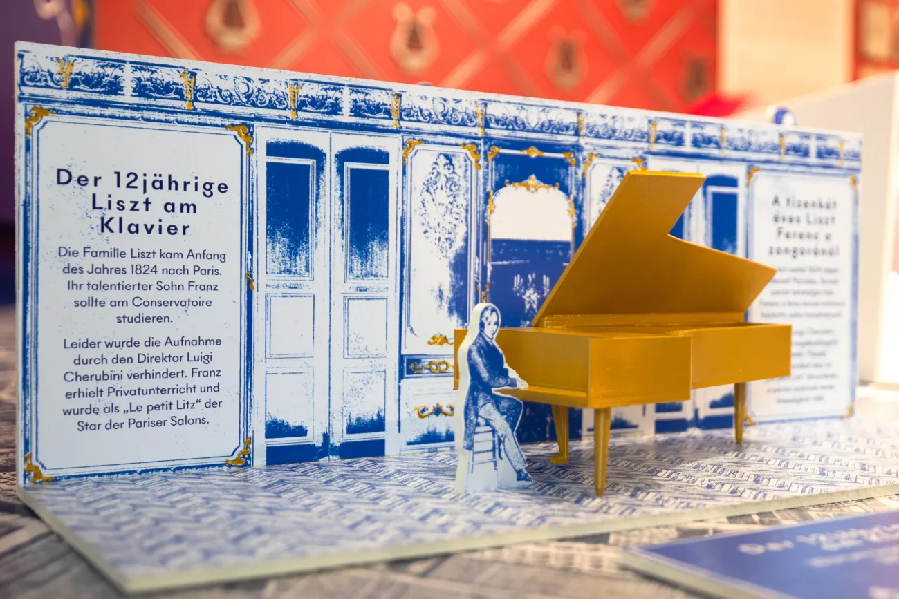 Detailansicht: Szene auf Aufstellern der Ankunft des 12-jährigen Franz Liszt in Paris, mit blauen Wänden und Fenstern als Hintergrund. Davor ein goldenes Klaviermodell mit einer kleinen Figur.