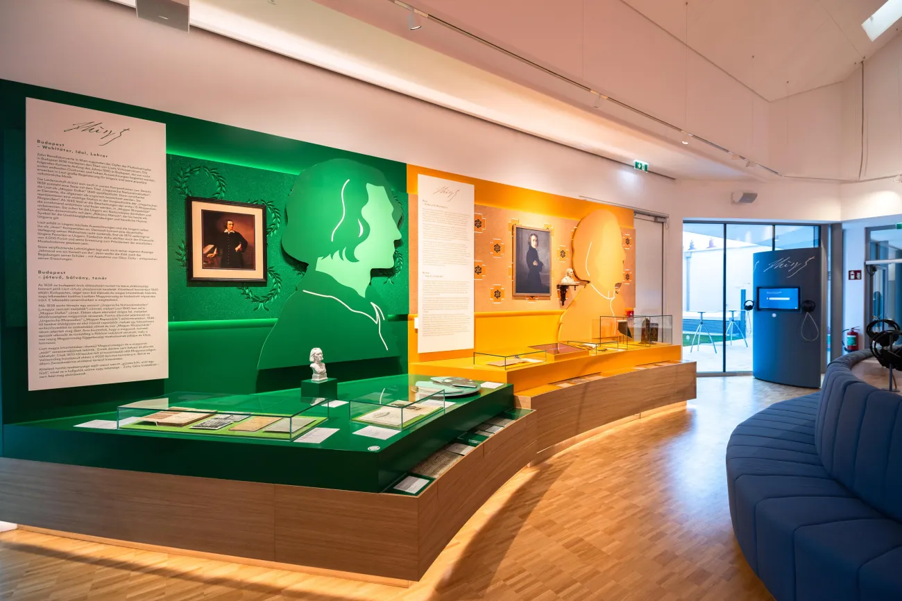 Ausstellungsraum: Große, stilisierte Silhouetten von Franz Liszt an den Wänden, eine grüne und eine orangefarbene, mit Porträts und Informationspaneelen drumherum.