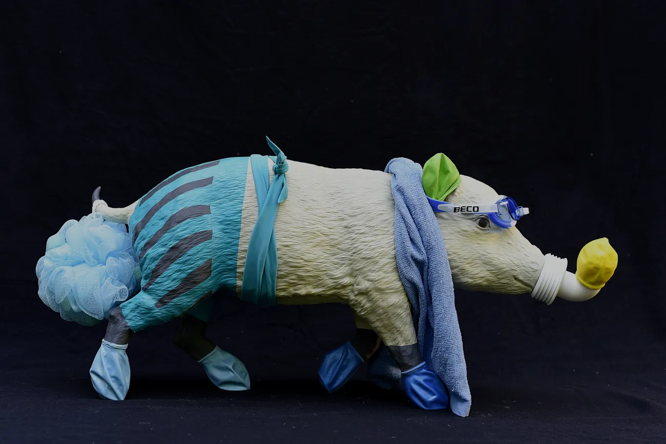 Schwein mit Badehose, Schwimmbrille, Handtuch und Schnorchel