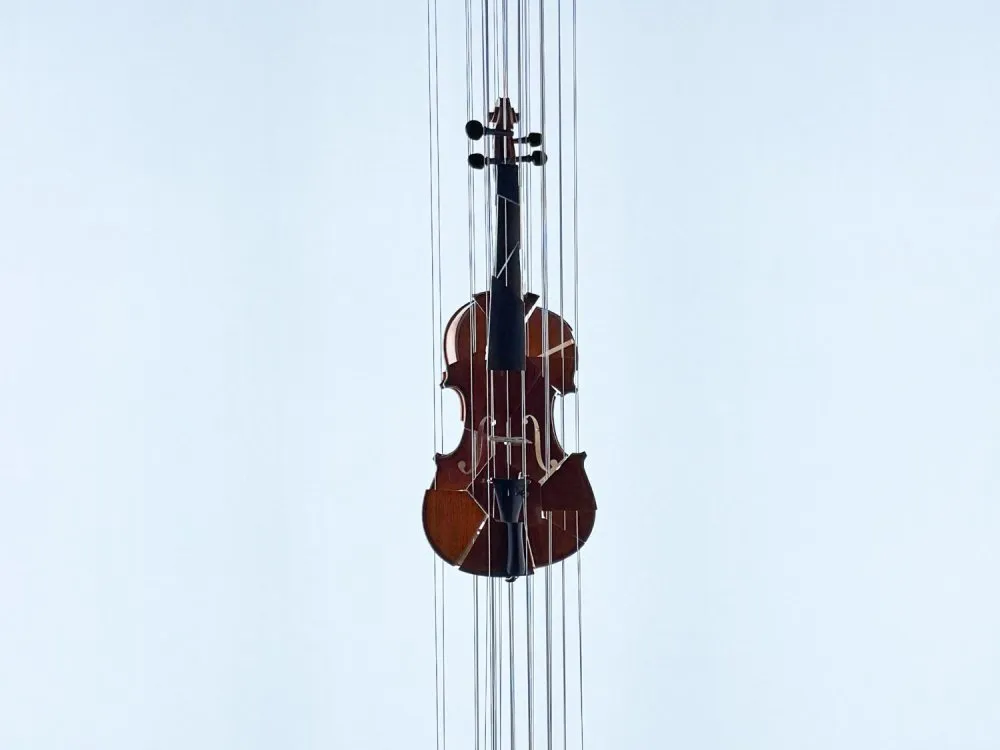 Frontale Ansicht der zerschnittenen Violine. Aus dieser Perspektive ist die vollständige Form des Instruments erkennbar.