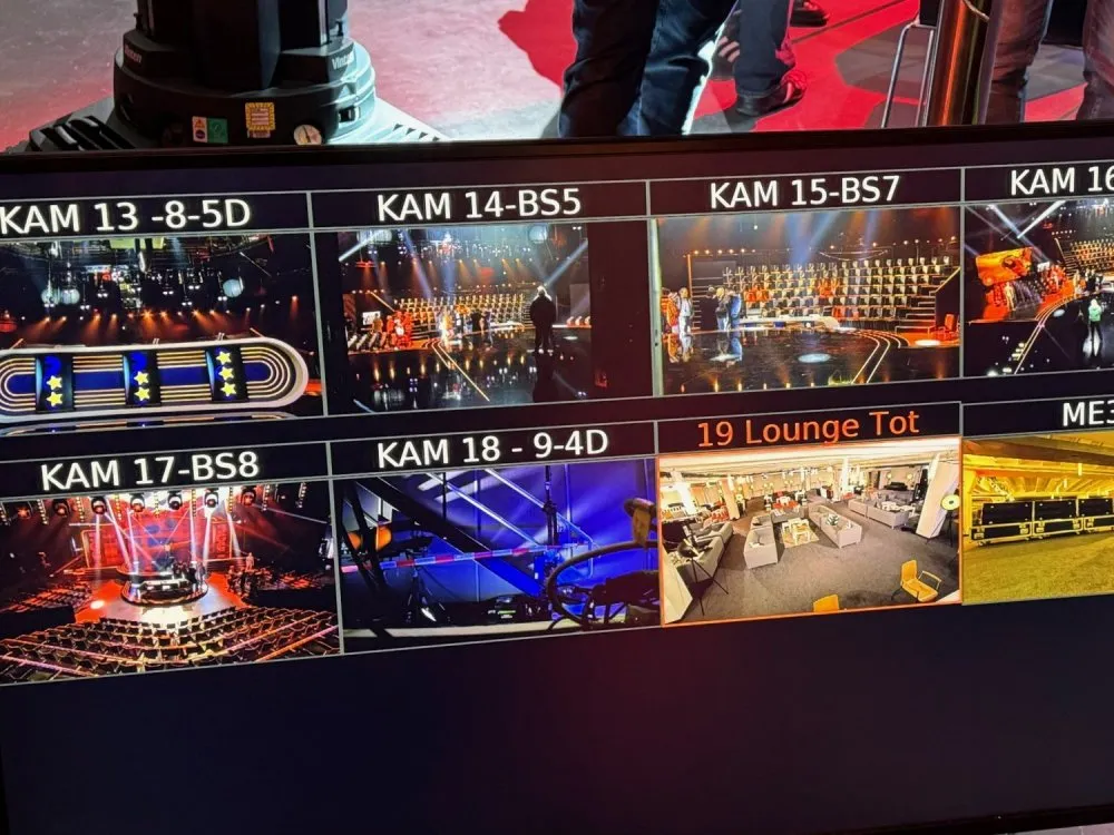 Monitor mit mehreren Live-Feeds von Kameras, die verschiedene Perspektiven einer TV-Bühne und einer Lounge zeigen.